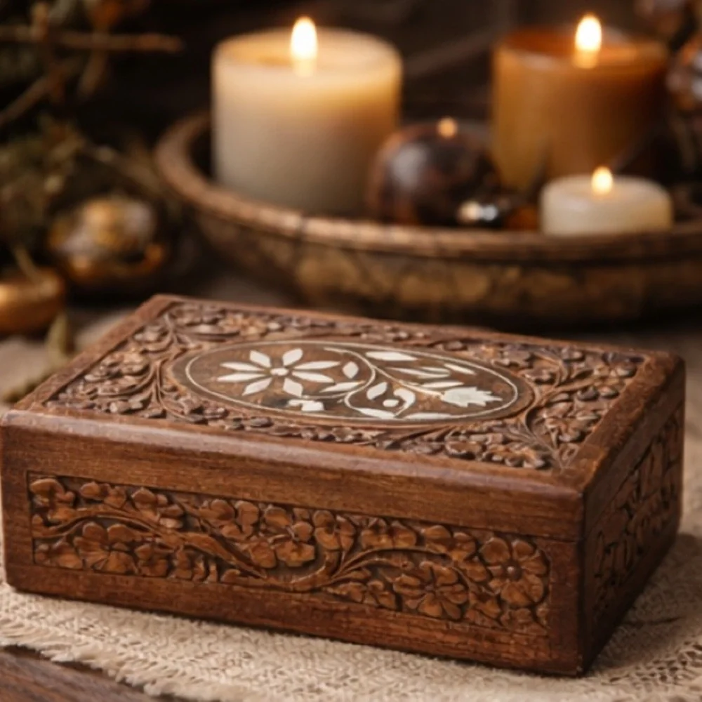 Vintage Hand-Carved Wood Inlay Trinket Box 4' x 6' Blue Interior Floral Lid